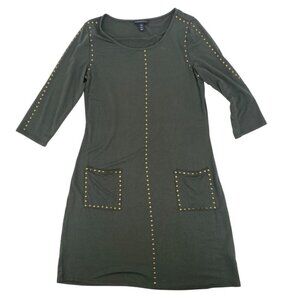 Tribal Femme Women's Sz M Olive Green Dress Gold Beaded Accents 3/4 Sleeve Rayon